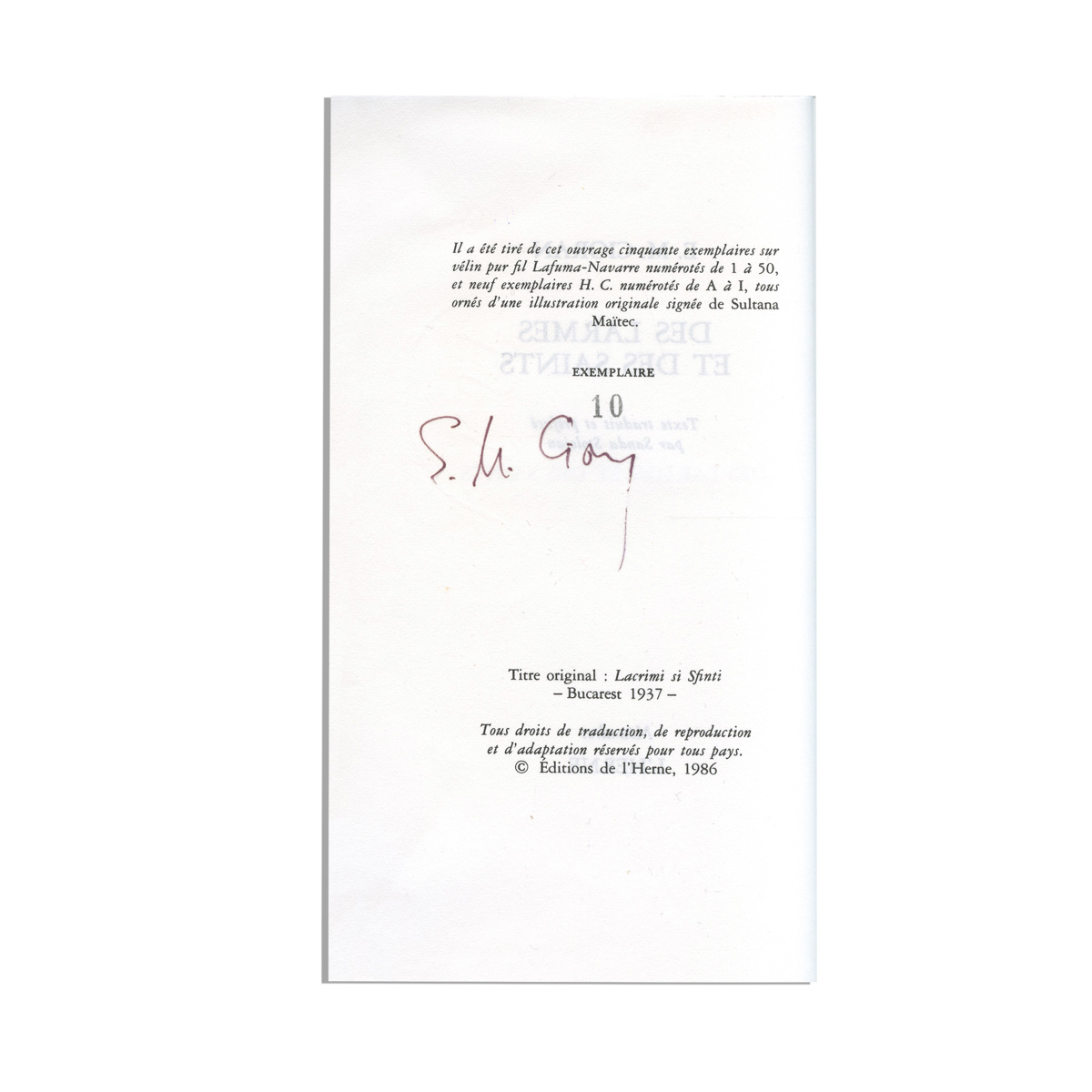 Emil Cioran, Des larmes et des saints (Lacrimi și sfinți), 1986, cu semnătura autorului - examplar bibliofil - imagine 3
