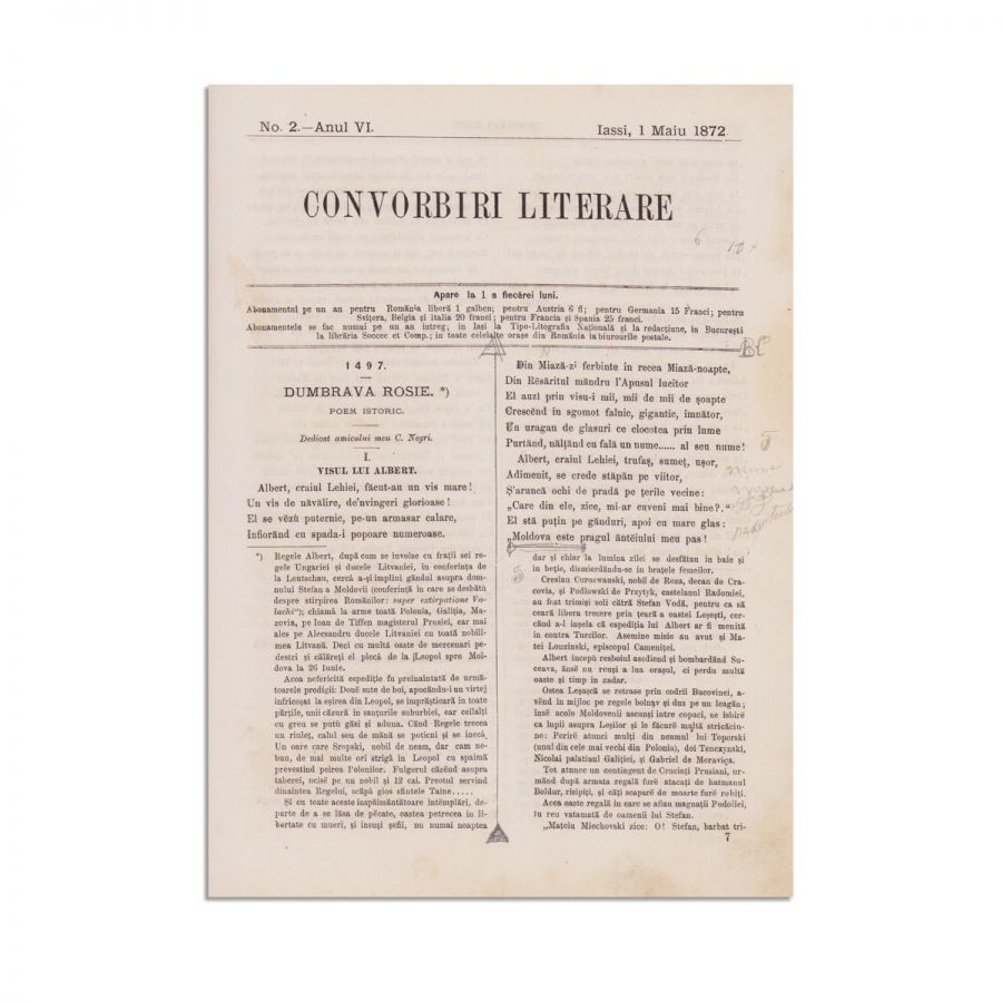 Publicația „Convorbiri Literare”, anul VI, 12 numere, 1 aprilie 1872 - 1 martie 1873, cu „Egipetul” și „Sărmanul Dionis” de M. Eminescu și „Dumbrava Roșie” de V. Alecsandri - imagine 3