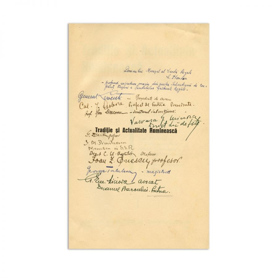 Ioan Petrovici, C. Rădulescu-Motru, M. Sadoveanu, C. Petrescu, Tradiție și Actualitate Românească, cu dedicație pentru Mareșalul Curții Regale, C. Flondor, 1936 - imagine 2