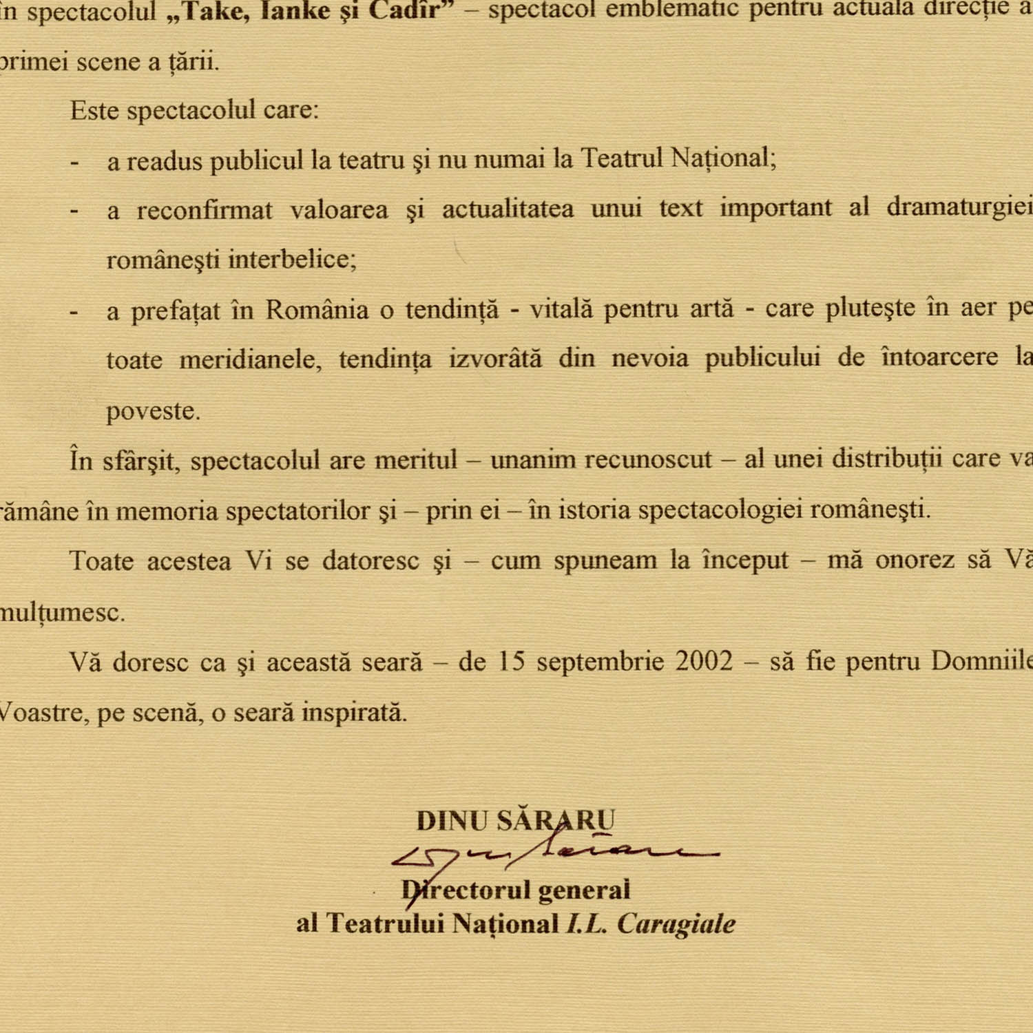 Dinu Săraru, scrisoare pentru Radu Beligan, 2002 - imagine 2