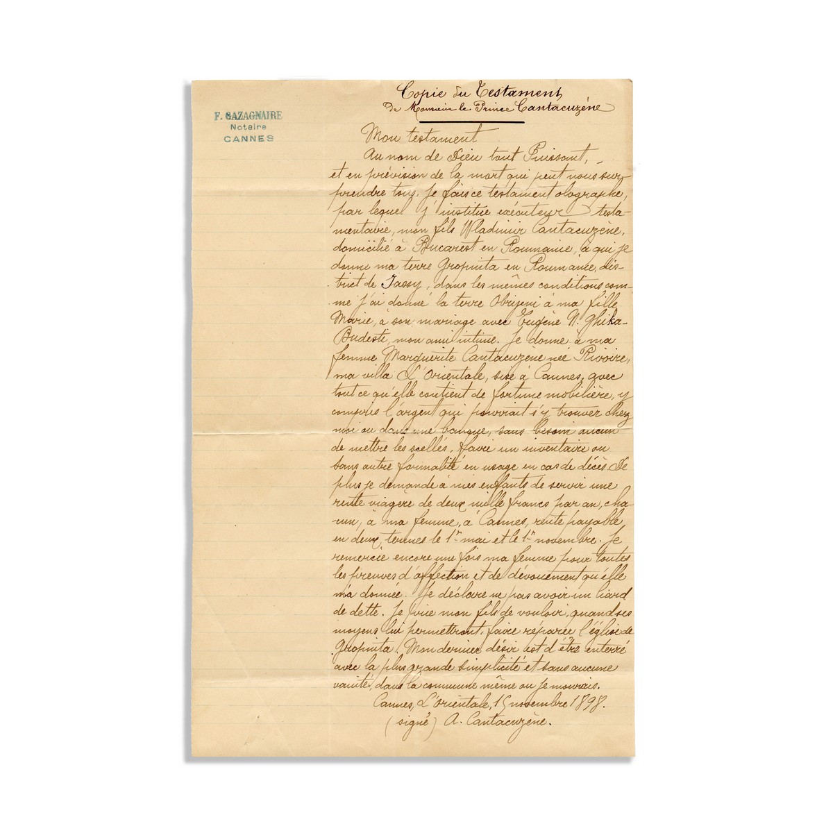 Principele Alexandru C. Cantacuzino, foaie dotală pentru Maria Cantacuzino, 1885 + testamentul principelui, 1898 - imagine 5