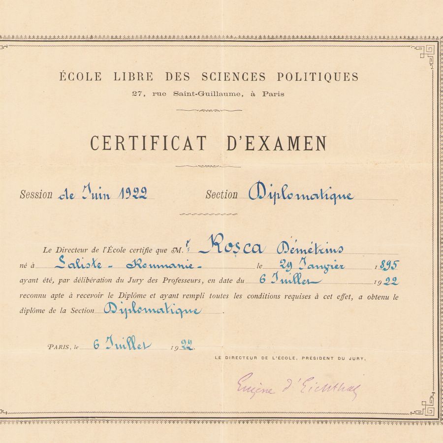 Dumitru D. Roșca, certificat eliberat de École Libre des Sciences Politiques, 1922 - imagine 2