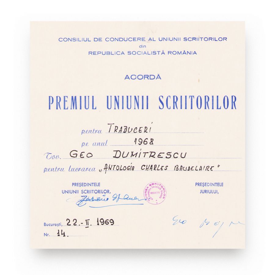 Geo Dumitrescu, trei premii acordate de Consiliul Uniunii Scriitorilor, 1964-1981 - imagine 2