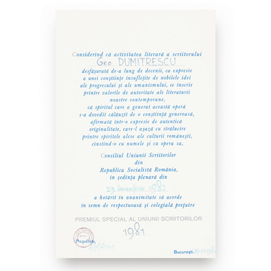 Geo Dumitrescu, trei premii acordate de Consiliul Uniunii Scriitorilor, 1964-1981 - imagine 3
