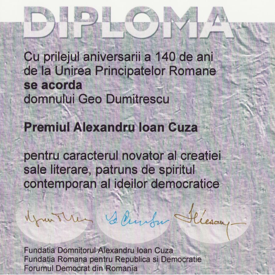 Premiul „Alexandru Ioan Cuza” acordat lui Geo Dumitrescu, 22 ianuarie 1999 - imagine 2