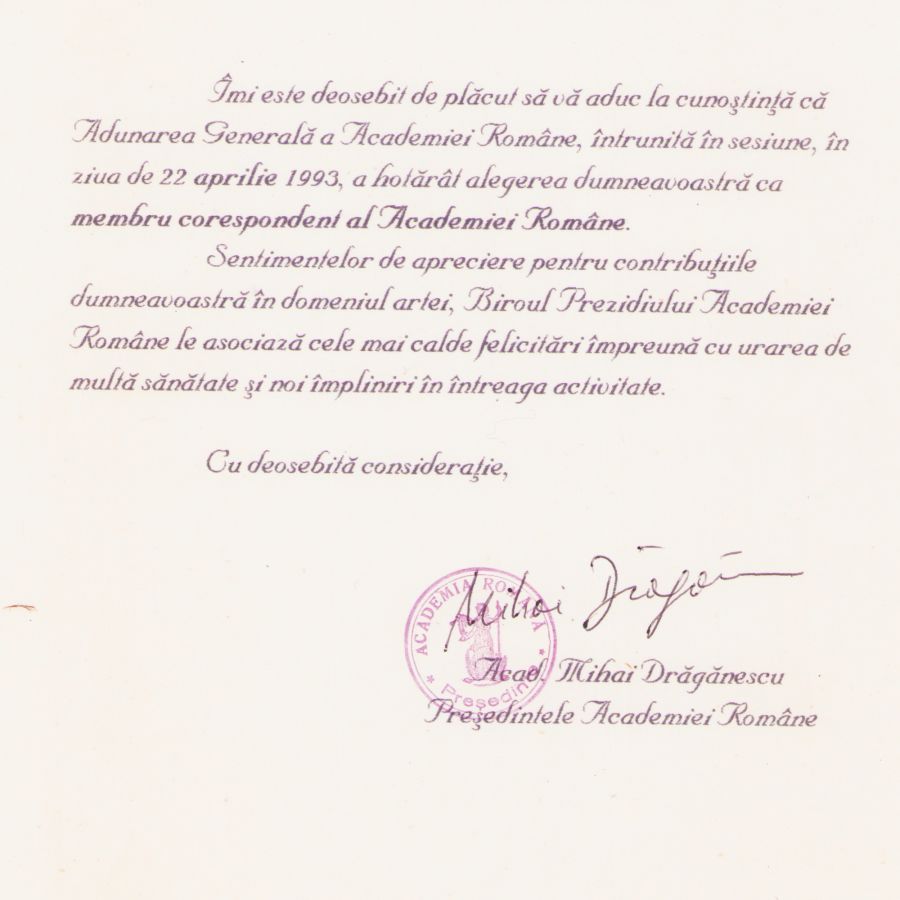 Geo Dumitrescu, adresă privind alegerea ca membru corespondent al Academiei Române, 07.05.1993 - imagine 2
