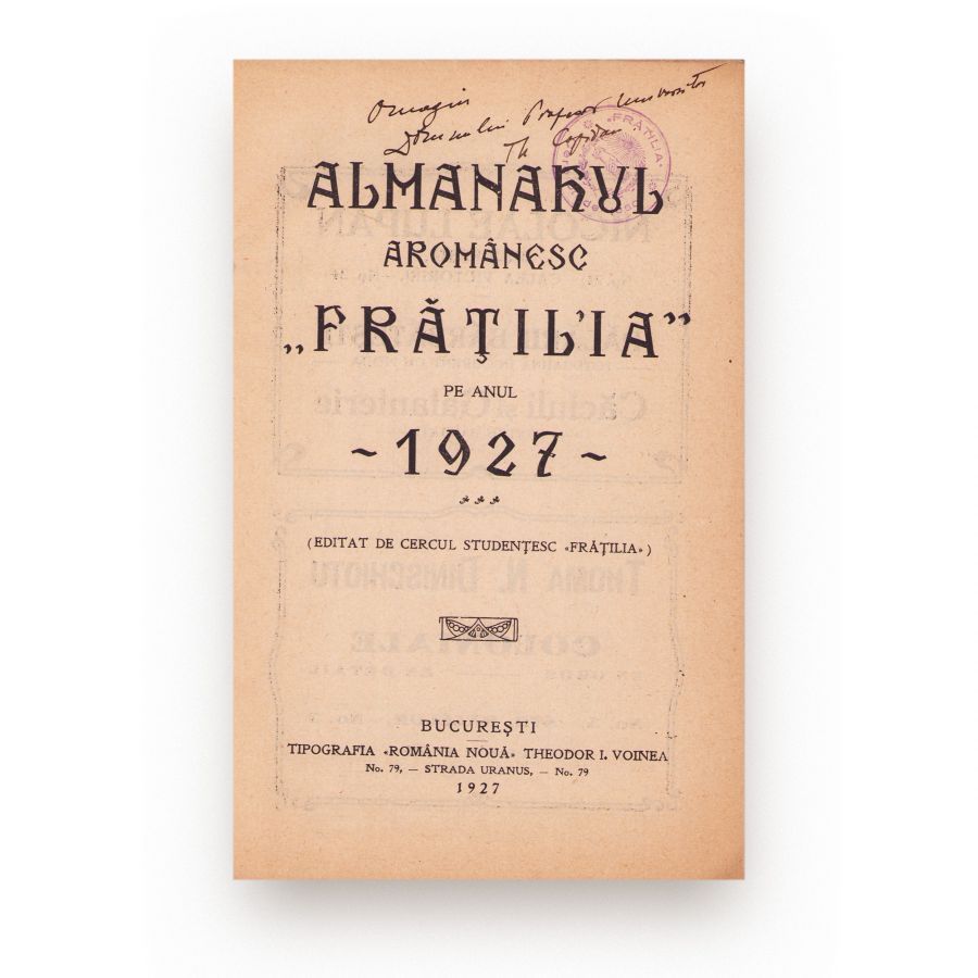 Almanahul Aromânesc „Frățil’ia” pe anul 1927, volum oferit lui Theodor Capidan - imagine 4