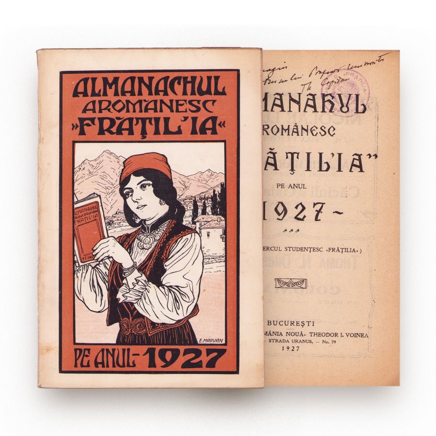 Almanahul Aromânesc „Frățil’ia” pe anul 1927, volum oferit lui Theodor Capidan - imagine 2
