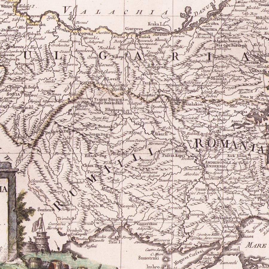 Harta Bulgariei și România (Rumeliei), gravură în cupru colorată manual, 1791 - imagine 2