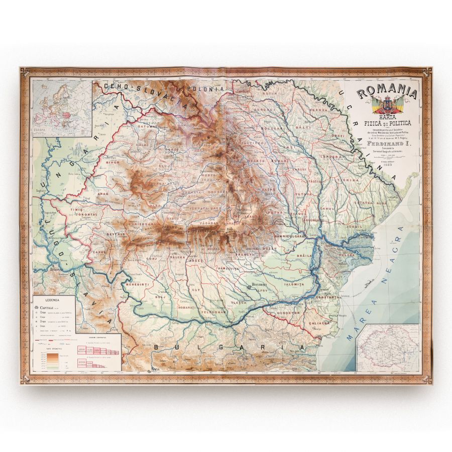 România, hartă fizică și politică de mari dimensiuni, 1923 - imagine 3