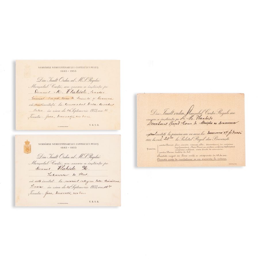 Două invitații la serbările semicentenarului Castelului Peleș, 1933 + invitație la primirea de la Palatul Regal din București, 1921
