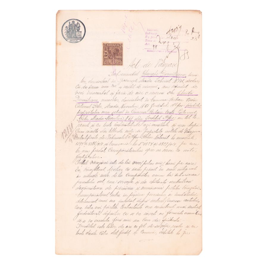 Documente privind vânzarea unor terenuri, 1873-1923 - Timbre fiscale 5 - 10 - 20 - 25 si 50 lei - imagine 10