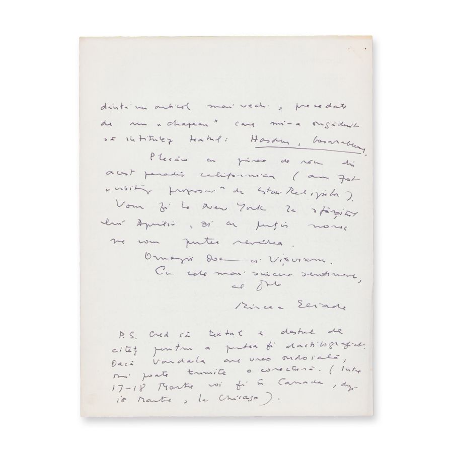 Mircea Eliade, scrisoare pentru Constantin Vișoianu + manuscrisul de 10 pagini „Hasdeu, basarabeanu” - imagine 6